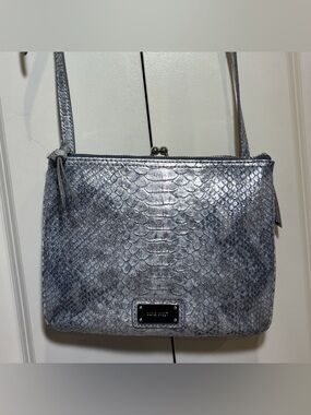 Nine West Metallic Silver/Blue Snakeskin Textured Crossbody Bag